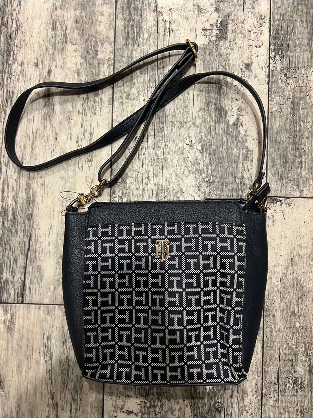 Tommy Hilfiger Navy and White Monogram Crossbody Bag